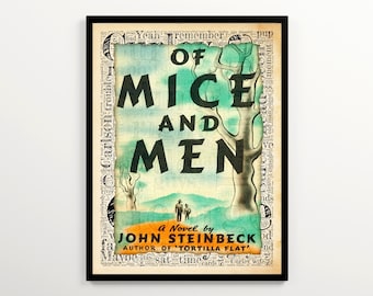 Van muizen en mannen vintage boekomslagkunst op woordwolkachtergrond, John Steinbeck-poster, Engelse klas print, afdrukbaar decor boekhoek