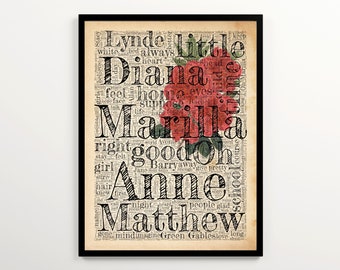 L. M. Montgomery's Anne of Green Gables Vintage Word Cloud Featuring 2000 Words of the Book
