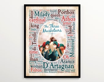 The Three Musketeers Word Cloud, Alexandre Dumas Poster, Adventure Book Cover Art, Reading Nook Wall Art, Printable Literature Gift