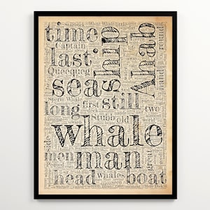 May include: A black and white word cloud art print with the words "Moby Dick" and "Whale" in large font. The print features words related to the sea, whaling, and the novel Moby Dick.