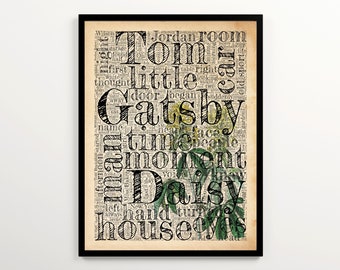The Great Gatsby Word Cloud on a Vintage Background, 2000 Most Frequent Words of F. Scott Fitzgerald's Book