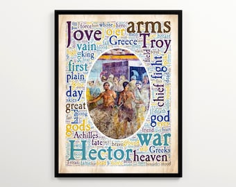 May include: Framed art print featuring a classical painting of figures in an oval frame, surrounded by words like "Jove," "Greece," and "Troy." The artwork is set against a beige background with a black frame.