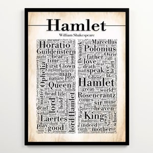 La nube de palabras Hamlet de Shakespeare con 2000 palabras del libro, Hamlet Print, regalo imprimible de Shakespeare, decoración de aula inglesa