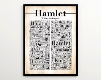 La nube de palabras Hamlet de Shakespeare con 2000 palabras del libro, Hamlet Print, regalo imprimible de Shakespeare, decoración de aula inglesa