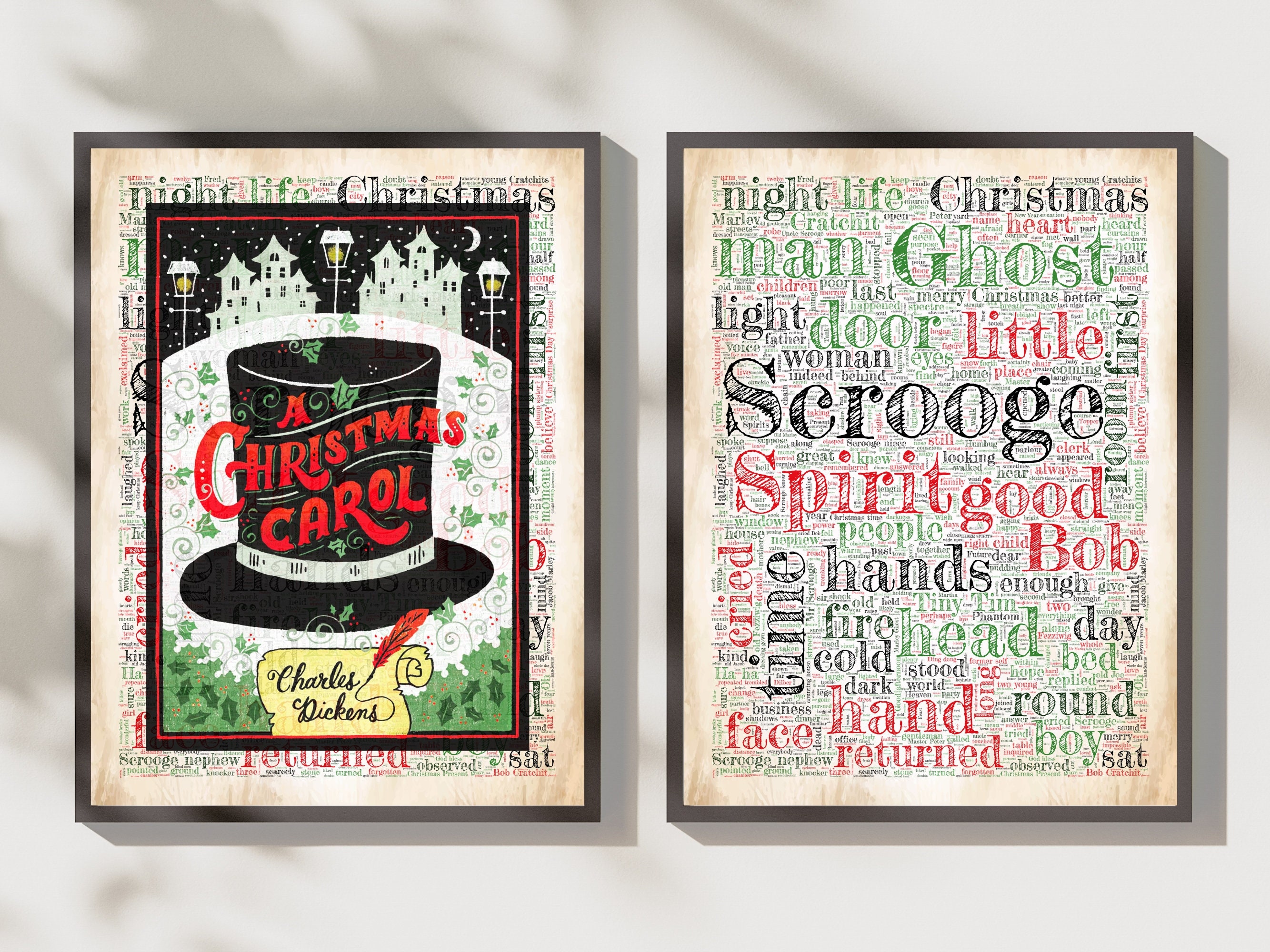 A Christmas Carol Book Cover and Word Cloud Art, Set of 2 Digital Prints, Charles Dickens Book 