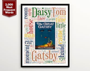 The Great Gatsby Word Art Featuring 2000 Words of the Book, F. Scott Fitzerald Poster, Classic Novel Book Cover Art, Literary Wall Art Print