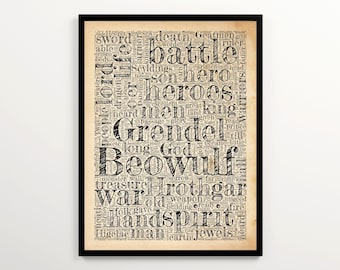 Beowulf Word Cloud Art Featuring 2000 Words of the Book, Vintage Literary Print