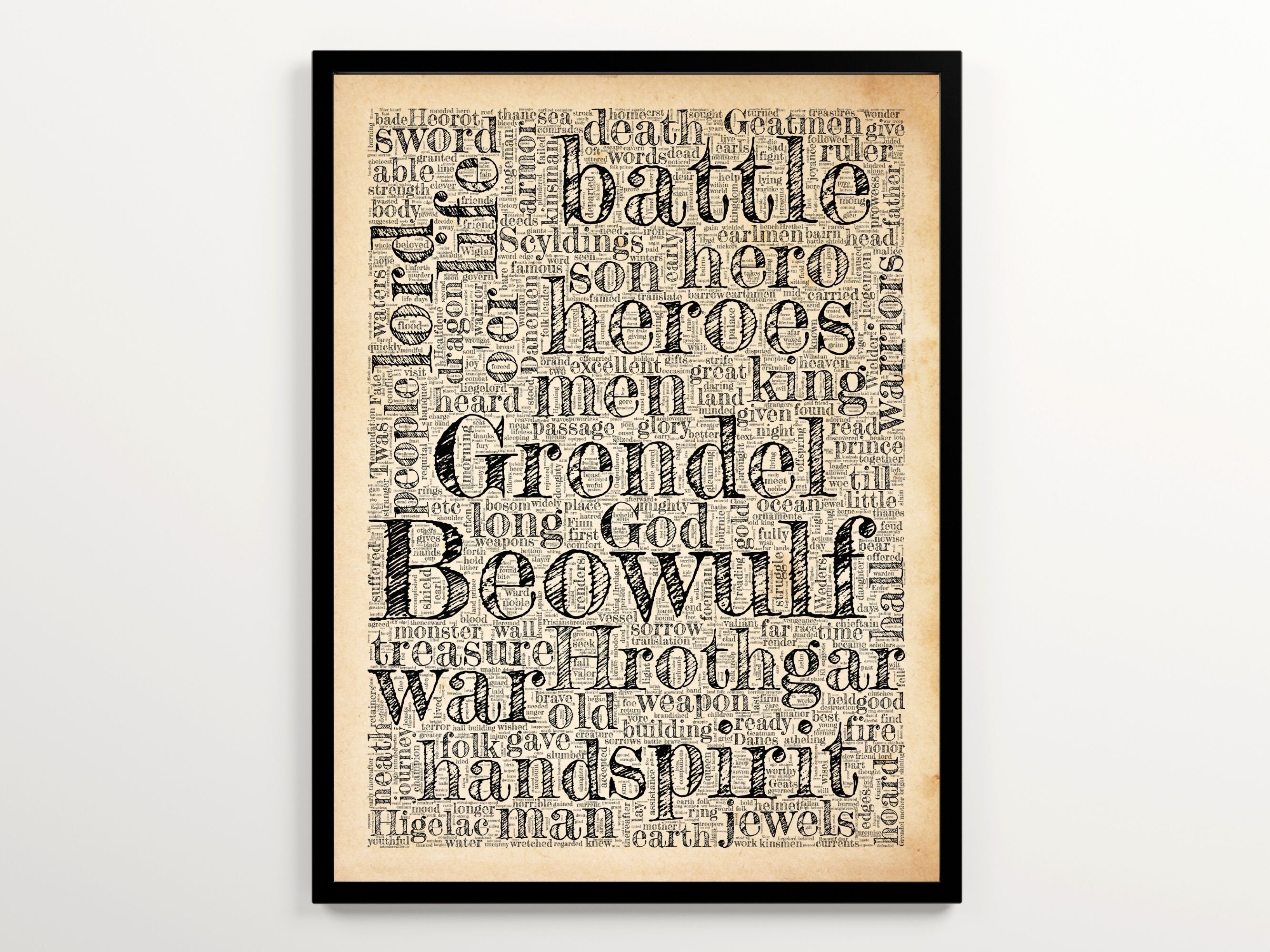 Beowulf Word Cloud Art Featuring 2000 Words of the Book, Vintage Literary Print