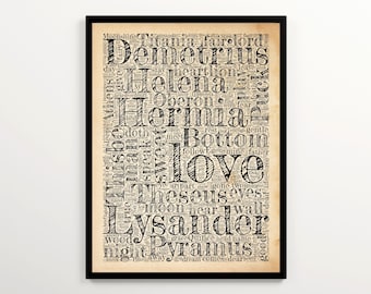 A Midsummer Night's Dream Vintage Word Cloud Printable, William Shakespeare Play Poster