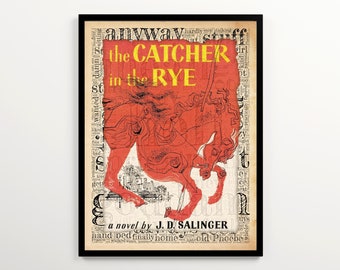 The Catcher in the Rye Book Cover on a Vintage Word Cloud, J.D. Salinger Novel Literary Print, English Classroom Poster, Library Wall Art