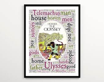 Homer's The Odyssey Word Cloud, Greek Mythology Poster, Homer Print, Classics Student Gift, Classic Literature Printable, Book Nook Wall Art