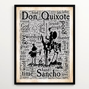 Miguel de Cervantes Don Quixote Vintage Word Cloud Featuring 2000 Words of the Book, Minimalist Literary Wall Art, Reading Nook Wall Decor