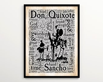 Miguel de Cervantes Don Quixote Vintage Word Cloud Featuring 2000 Words of the Book, Minimalist Literary Wall Art, Reading Nook Wall Decor