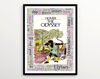 The Odyssey Buchhülle Kunst mit 2k häufigsten Wörtern, griechische Mythologie Poster, Buchkunst Klassenzimmer Kunst druckbar, Klassisches Literatur Geschenk