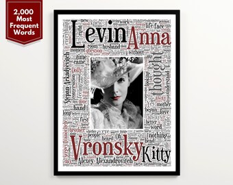 Nube de palabras de Ana Karenina para pared, imprimible, regalo literario para fans de León Tolstói, arte mural para biblioteca, decoración para rincón de lectura, póster de Greta Garbo