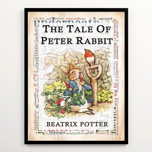 The Tale of Peter Rabbit Book Cover & Word Cloud Art, Set of 2 Prints, Beatrix Potter Prints, Children's Literature Art, Book Nook Poster