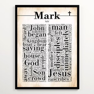 Op de afbeelding: Een zwart-witte woordwolk kunstprint met het woord "Mark" in groot lettertype bovenaan. De woordwolk is gemaakt van woorden uit het evangelie van Marcus, waaronder "Jezus", "discipelen", "God" en "koninkrijk".