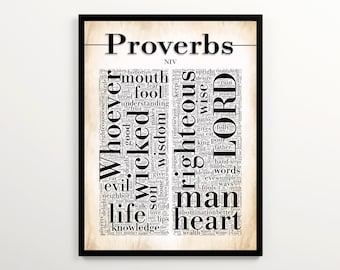 Proverbios Arte de pared de las Escrituras, nube de palabras con 2000 palabras del libro de Proverbios, arte de pared de la iglesia, decoración cristiana del hogar