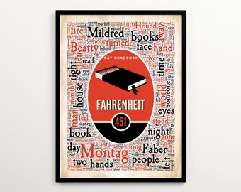 Ray Bradbury's Fahrenheit 451 Literary Word Cloud, Dystopian Novel Art, Gift for Book Lover, High School English Classroom Decor