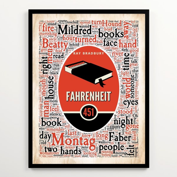 Ray Bradbury's Fahrenheit 451 Literary Word Cloud, Dystopian Novel Art, Gift for Book Lover, High School English Classroom Decor