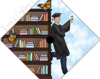 Custom Quote Male Graduate with Bookshelf Printed Graduation Cap Topper