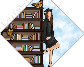 Custom Quote Female Graduate with Bookshelf Printed Graduation Cap Topper