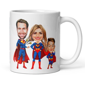 Familienporträtbecher, kundenspezifischer Familienkarikaturbecher, kundenspezifischer Familien-Superheld-Karikaturbecher, Weihnachtsporträtbecher, kundenspezifischer Familienkarikaturbecher