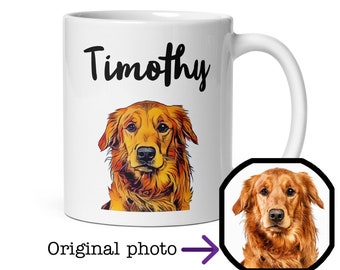 May include: White ceramic mug with a black and white illustration of a golden retriever dog. The dog's name, "Timothy", is written in black cursive above the dog's head.