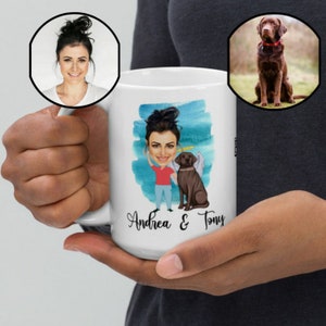 Mug personnalisé avec caricature du propriétaire et de l'animal de compagnie | Portrait de propriétaire d'animal de compagnie | Mug dessin animé animal de compagnie et moi | Mug dessin animé animal de compagnie | Caricature de famille animal de compagnie | Mug chien dessin animé