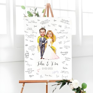 Hochzeitsgästebuch alternative, Hochzeitspaar Karikatur, Cartoon Leinwand Gästebuch, Hochzeitspaar portrait mit Hund, einzigartiges Gästebuch
