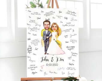 May include: A white wedding guest book with a caricature of a bride and groom in the center. The couple is holding hands and smiling. The guest book has a yellow floral design and the text "John & Kim 12-02-2022" at the bottom.