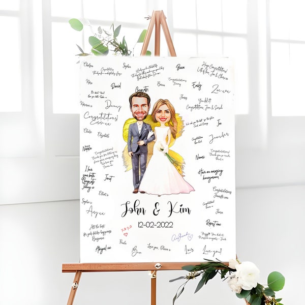 Wedding guest book alternative, Wedding Couple Caricature, Cartoon Canvas Guest Book, Wedding Couple portrait with dog, unique guest book