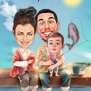 Visserijkarikatuur op maat, aangepaste familieillustratie, familiecartoon op maat, viscadeau, karikatuur familievakantie, groepskarikatuur buiten