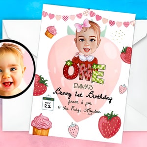 Berry First Birthday, invito di compleanno con caricatura per bambini, compleanno di fragole, invito digitale per compleanno di una ragazza, invito con cartone animato, biglietti eccetera