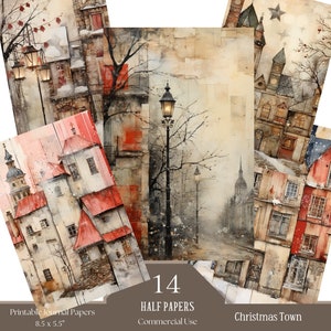 Christmas Town Junk Journal Paper Collage Afdrukbare Junk Journal Half Papers, plakboek, seizoenswenskaart, ephemera kerst