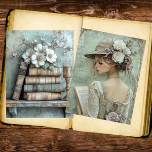 May include: An open antique book displays two illustrations. One shows a stack of books with white flowers and a shelf. The other depicts a woman in a hat adorned with flowers, reading a book. The images have a vintage aesthetic.