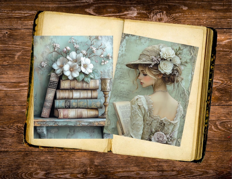 May include: An open antique book displays two illustrations. One shows a stack of books with white flowers and a shelf. The other depicts a woman in a hat adorned with flowers, reading a book. The images have a vintage aesthetic.