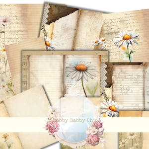 Junk Journal, Pages, Timeworn, Daisy Journal, Shabby Chic, Vintage Daisy Papers, Kit, Lined, Flowers, Daisy junk journal, Digital Download