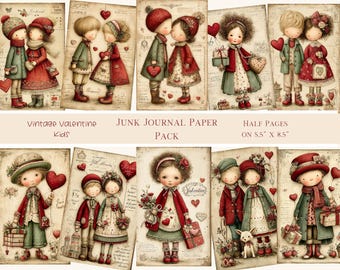 May include: A collection of ten vintage-style paper sheets featuring illustrations of children in winter clothing with hearts and gifts. The text reads: Vintage Valentine Kids JUNK JOURNAL PAPER PACK HALF PAGES ON 5.5" X 8.5".