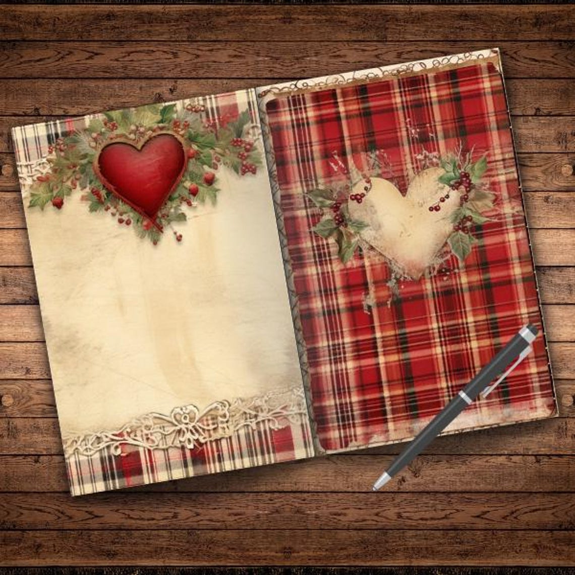 Vintage Christmas Holiday Plaid Faded Collage Sheet Rustic Floral ...