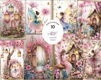 May include: A collection of 10 digital junk journal pages featuring watercolor illustrations of fairies, glowing lanterns, floral arches, and small woodland houses in soft pink, blue, and yellow tones with the text Junk Journal Pages 10 Lantern Fairies.