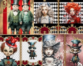 Kit para Diário de Recortes da Alice, Materiais para Scrapbooking do País das Maravilhas, Cartões ATC da Alice no País das Maravilhas, Diário de recortes da Alice no País das Maravilhas, Artigos Vintage.