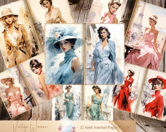 May include: A collection of 12 vintage-themed junk journal pages, each 8" x 11", featuring watercolor illustrations of women in elegant attire. The pages showcase a variety of outfits in shades of beige, blue, and red, with Parisian backgrounds.
