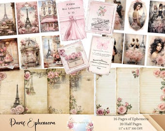 May include: A digital collage sheet with 16 pages of ephemera and 20 half pages. The images feature Parisian themes, including the Eiffel Tower, roses, and vintage Parisian signage. The collage sheet is 11 inches by 8.5 inches and 300 DPI.