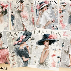 Puede incluir: Un collage de ilustraciones de moda de estilo vintage con mujeres con vestidos elegantes y sombreros de ala ancha, sobre un fondo de periódico con textos como Fashion, Vanity y Villes, mostrando varias poses y atuendos.