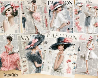 May include: A collage of vintage-style fashion illustrations featuring women in elegant dresses and wide-brimmed hats, set against a background of newspaper print with text like Fashion, Vanity, and Villes, showcasing various poses and outfits.