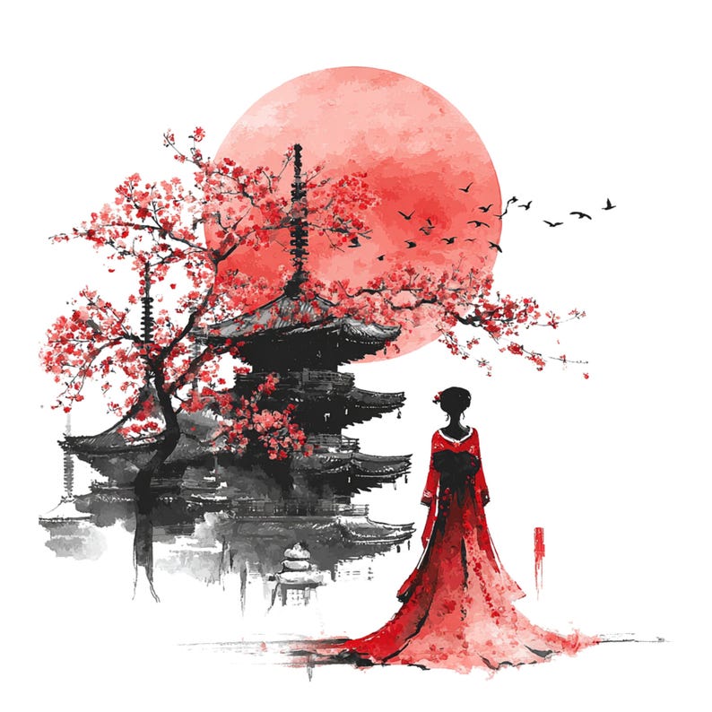 May include: Watercolor illustration of a Japanese scene featuring a pagoda, cherry blossoms, and a woman in a red kimono. A large red sun is in the background, with birds flying above. The pagoda is reflected in the water.