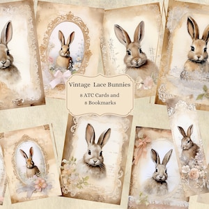 Hase Digitale ATC Karten 8 druckbare Osterkaninchenkarten, 8 Lesezeichen Junk Journal Kit Tier Vintage Tags Ostern Ephemera Kaninchen Pingelige Schnitte