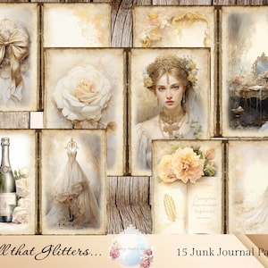 Zestaw do dziennika ślubnych śmieci 15 stron dziennika ślubnych śmieci Scrapbooking Cyfrowy, papier do drukowania dziennika Motyw ślubny Panna młoda, pan młody Podwójne strony