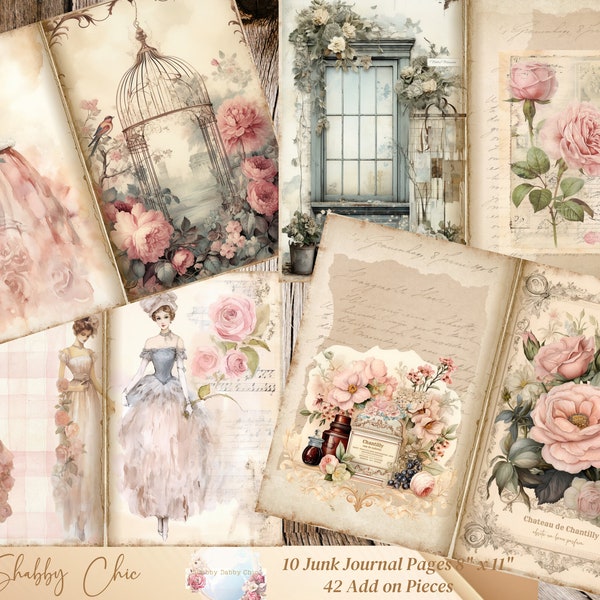 Shabby Chic Junk Journal Pages, Shabby Chic Junk Journal Kit, Shabby Chic Collage Sheet, Shabby Chic Ephemera, Digital Scrapbook paper kit.